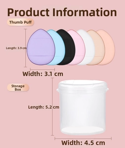 Detailed size chart for mini finger powder puffs and transparent storage case dimensions