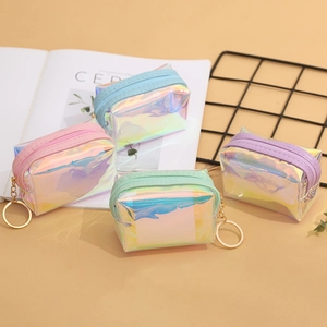 Transparent holographic mini coin purse with colorful zippers and gold keychain rings