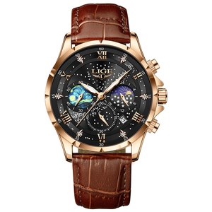 Orologio al quarzo da uomo LIGE con cinturino in pelle marrone e cassa oro rosa
