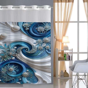 Detail of 3D floral printed shower curtain with silver-blue wavy patterns and metal eyelets