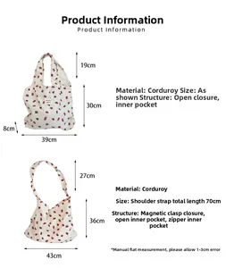 Dimensions détaillées des sacs en velours côtelé avec imprimé fraise