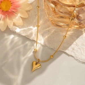 Minimalist 18K gold plated stainless steel beaded chain necklace with heart pendant
