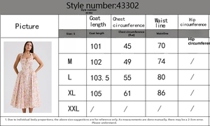 Detailed size guide table for the summer printed halter slim dress with measurements