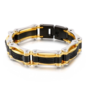 Bracelet chaîne hip hop pour hommes en acier inoxydable bicolore or, argent et noir