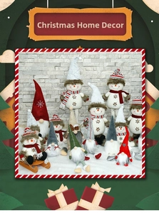 Detailed collection of festive Christmas plush gnomes and snowmen on a wooden sled