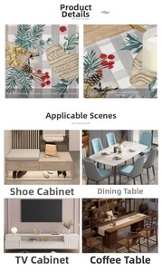 Detailed Christmas table runner with pinecone prints shown on various home furniture surfaces