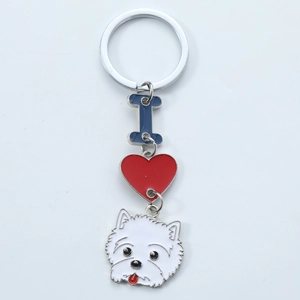 Detail of metal keychain with blue letter I, red heart, and white Westie dog charm