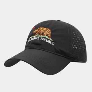 Detail of California Republic bear embroidery and breathable laser-cut holes on black cap