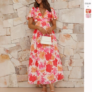 Floral Maxi Dress Polyester V-Neck Short Puff Sleeve Backless Cutout Waist Elegant Summer Beach Vacation For Women