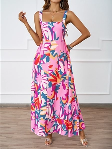 Detailed front view of pink floral maxi dress with tropical print and square neckline
