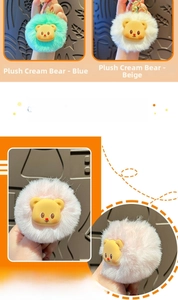 Detail view of colorful plush bear keychains with golden metal ring and soft texture