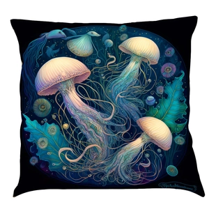 Close-up of artistic bioluminescent jellyfish print on black cotton linen cushion cover
