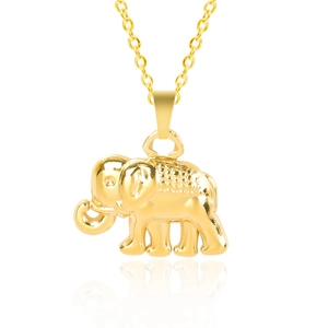 Macro shot of 3D golden elephant pendant necklace with smooth metallic surface on white background