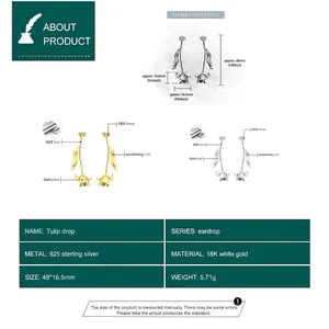 S925 sterling silver long leaf tulip drop earrings size chart and product specifications