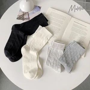 Women Crew Socks Combed Cotton Pointelle Breathable Mesh Mid Calf Casual Solid Color Soft