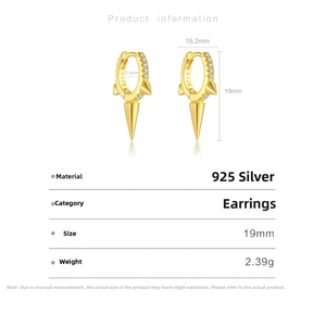 Detail view of gold S925 sterling silver drop earrings with size and weight parameters