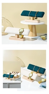 Detail view of T-bar solid wood jewelry stand with velvet watch and bracelet holders