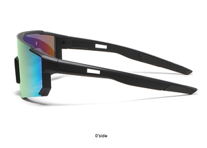 Side view of matte black sports sunglasses with colorful iridescent lenses and hollow temples