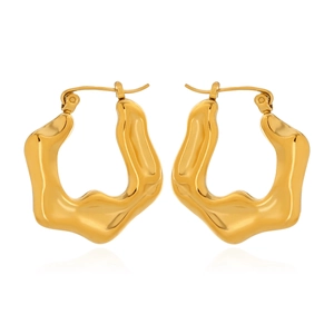 Minimalist geometric gold earrings with irregular wave texture and polished steel finish