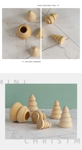 Top and side view of mini unfinished wooden Christmas trees with natural wood grain detail