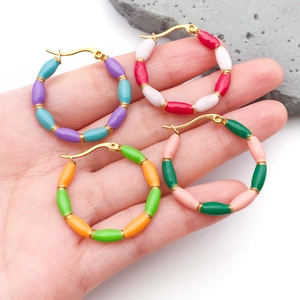 Bamboo-style enamel beaded hoop earrings in vibrant colors for stylish women