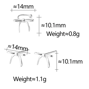 Detailed view of silver bow earrings with S925 hallmark and size measurements