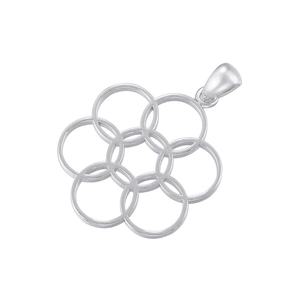 Polished silver metal pendant featuring intricate interlocking geometric circle rings
