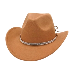 Detail of camel wool fedora with rhinestone-studded belt and classic curved brim