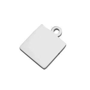 Close-up of polished square stainless steel pendant with top loop for DIY jewelry