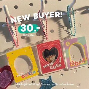 DIY acrylic photo card holders in pink, yellow, and purple with matching ball chains