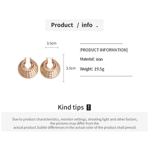 Detail view of 3.5cm golden iron hoop earrings with geometric grid pattern and 19.5g weight