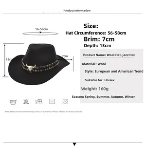 Sombrero de vaquero de fieltro negro con cabeza de toro y detalles de talla 56-58cm