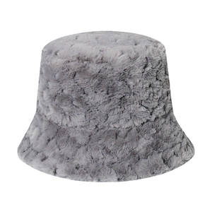 Thick grey faux fur winter bucket hat with a classic flat top and warm plush texture