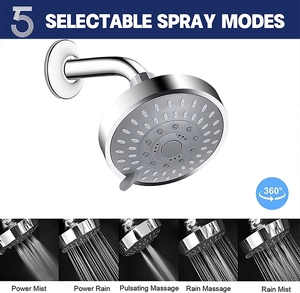 Detail of 5-mode chrome shower head showing water spray patterns and 360 rotation