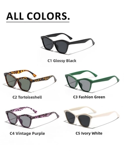 Collage of cat-eye sunglasses in five colors including black, tortoiseshell, and ivory white