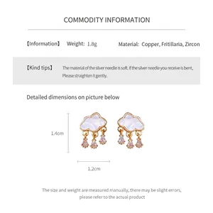 Detail view of cloud-shaped earrings with gold frame, mother of pearl and zircon drop