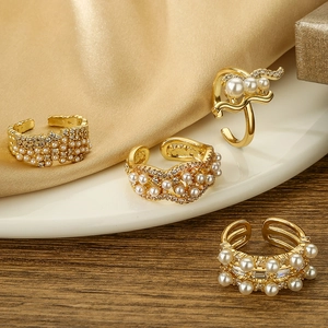 Geometric Open Ring Copper 18K Gold Plated With Zircon And Faux Artificial Pearl Adjustable Elegant Jewelry Gift For Women
