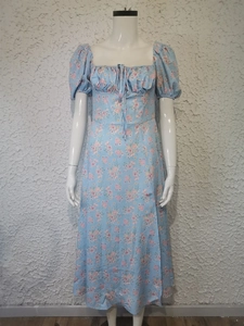 Detail of light blue floral dress showing square neckline, drawstring bust, and puff sleeves