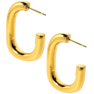 Detail of minimalist gold-plated C-shaped stainless steel earrings on a clean white background