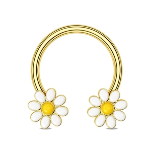 Golden horseshoe septum ring detail featuring white daisy enamel charms on both ends