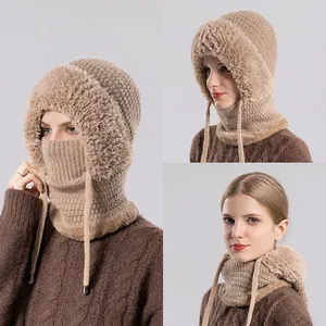 Women Winter Balaclava Hat Integrated Knit Scarf Mask Thickened Fleece Lined Windproof Outdoor Cycling Acrylic Faux Fur Trim