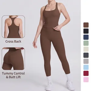Tenue De Yoga Pour Femmes Débardeur Dos Nageur Et Legging Taille Haute Nylon Élasthanne Fitness Gym Sport