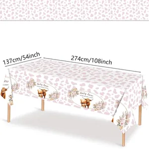 Pink cow print baby shower tablecloth with Holy Cow graphics, size 54 x 108 inches