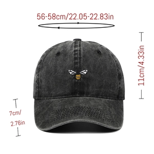 Detailed size guide for the embroidered bee baseball cap showing brim and crown dimensions