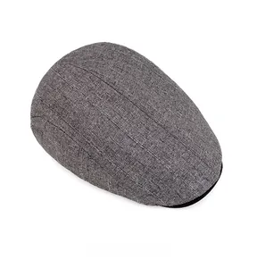 Detail of grey newsboy hat with textured woven fabric and adjustable flat cap design