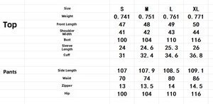 Detailed size chart for tweed set including blazer jacket and straight pants measurements