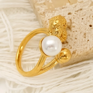 Irregular Molten Lava Texture Open Ring 18K Gold Plated 304 Stainless Steel With White Imitation Artificial Pearl French Retro
