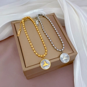 Bracelet Chaîne À Billes En Acier Inoxydable Pour Femmes Avec Pendentif Rond En Nacre Motif Queue De Sirène Rétro