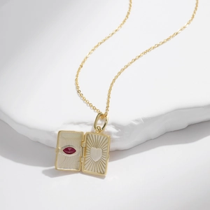 S925 sterling silver gold envelope necklace with heart lock and red gemstone pendant