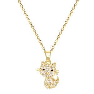 Elegante collana in acciaio al titanio dorato con ciondolo gatto scintillante di diamanti